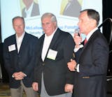 John Burke (left) and Bob Gaylord (right), joined to recognize the contributions Leviton&apos;s Steve Sokolow has made to the industry at the IDEA E-Biz Forum, Orlando, Fla., Oct. 27, 2013.