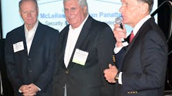 John Burke (left) and Bob Gaylord (right), joined to recognize the contributions Leviton&apos;s Steve Sokolow has made to the industry at the IDEA E-Biz Forum, Orlando, Fla., Oct. 27, 2013.