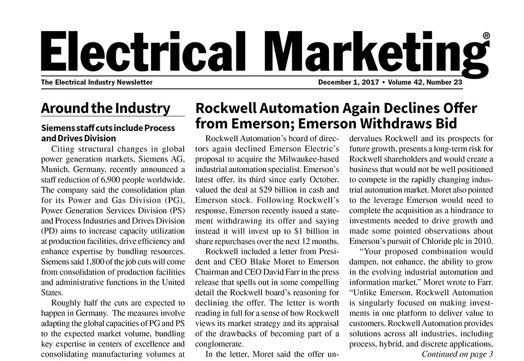 Electrical Marketing December 1, 2017 Front Page