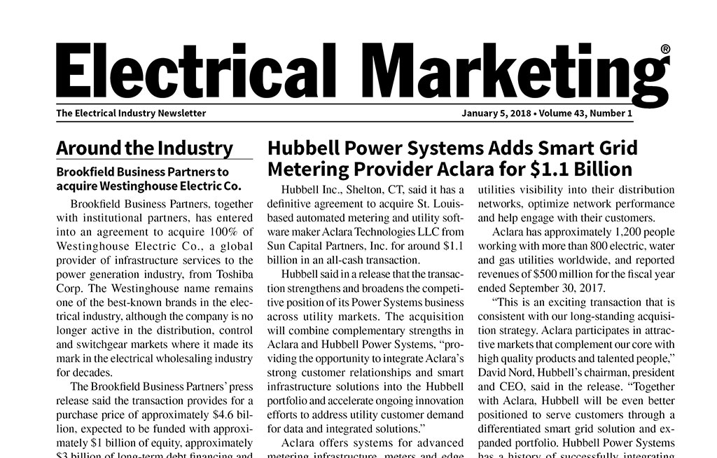 Electrical Marketing Jan 5 2018 front page