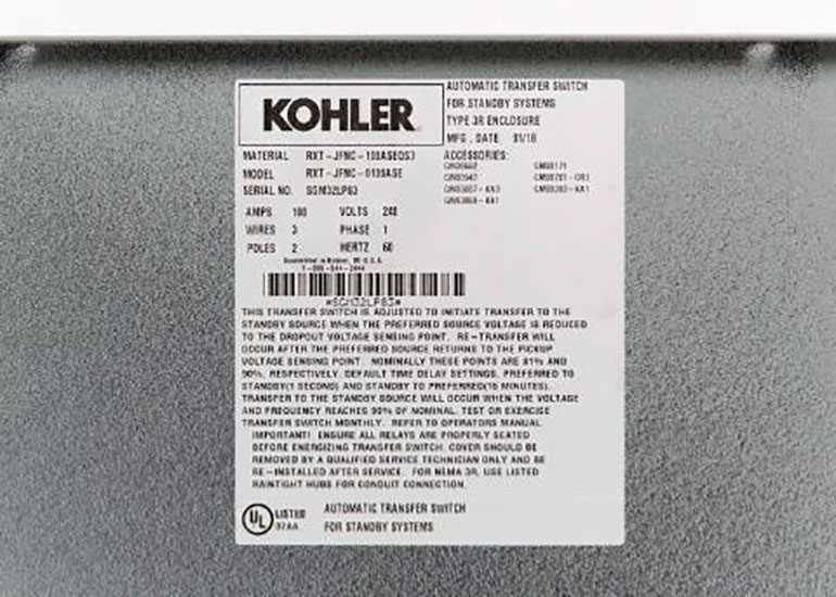 Kohler automatic transfer switches recalled