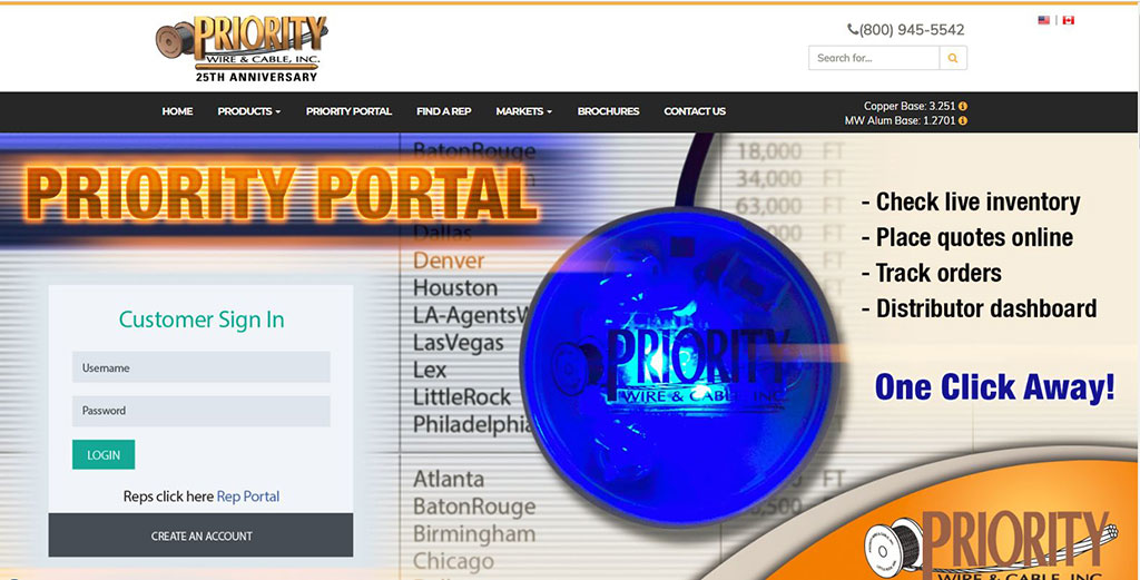 Priority Wire & Cable home page screenshot