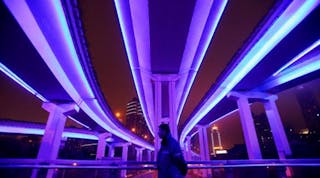 LED lighting under a highway overpass in Shanghai.
