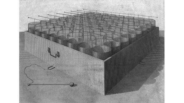 An early battery produced by Joseph Priestley in 1810 Original Artwork Engraving by Wilson Lowry Photo by Hulton ArchiveGetty Images