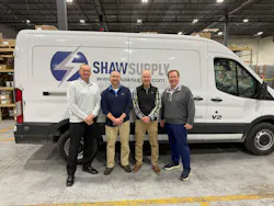 Echo Electric/Sonepar's acquisition of KC's Shaw Electric was one of the two big acquisitions over the past two weeks. (Left-to-right) Chris Scarbrough, president Echo Electric; Brian and Patrick Shaw, co-owners of Shaw Supply; and Andy Waring, Central Region president of Sonepar USA.